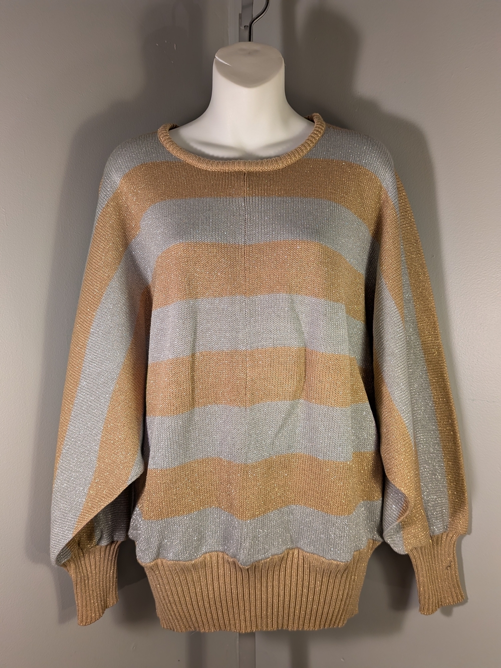 Vintage Clovis Ruffin Metallic Gold/Silver Stripped Knit Sweater ONE SIZE